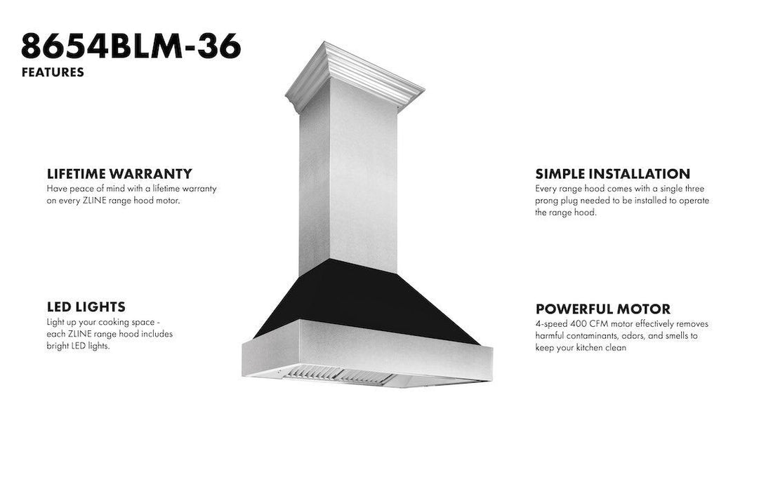 Zline DuraSnow Stainless Steel Range Hood with Black Matte Shell