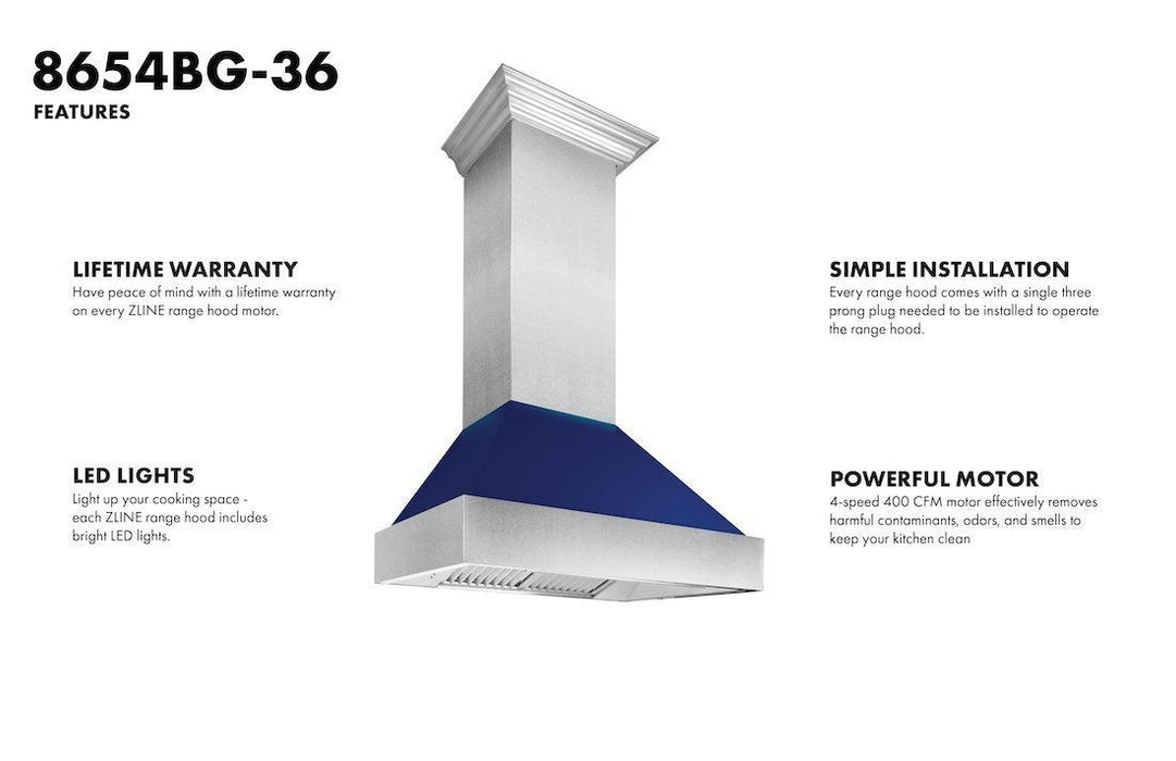 ZLINE DuraSnow Stainless Steel Range Hood with Blue Gloss Shell