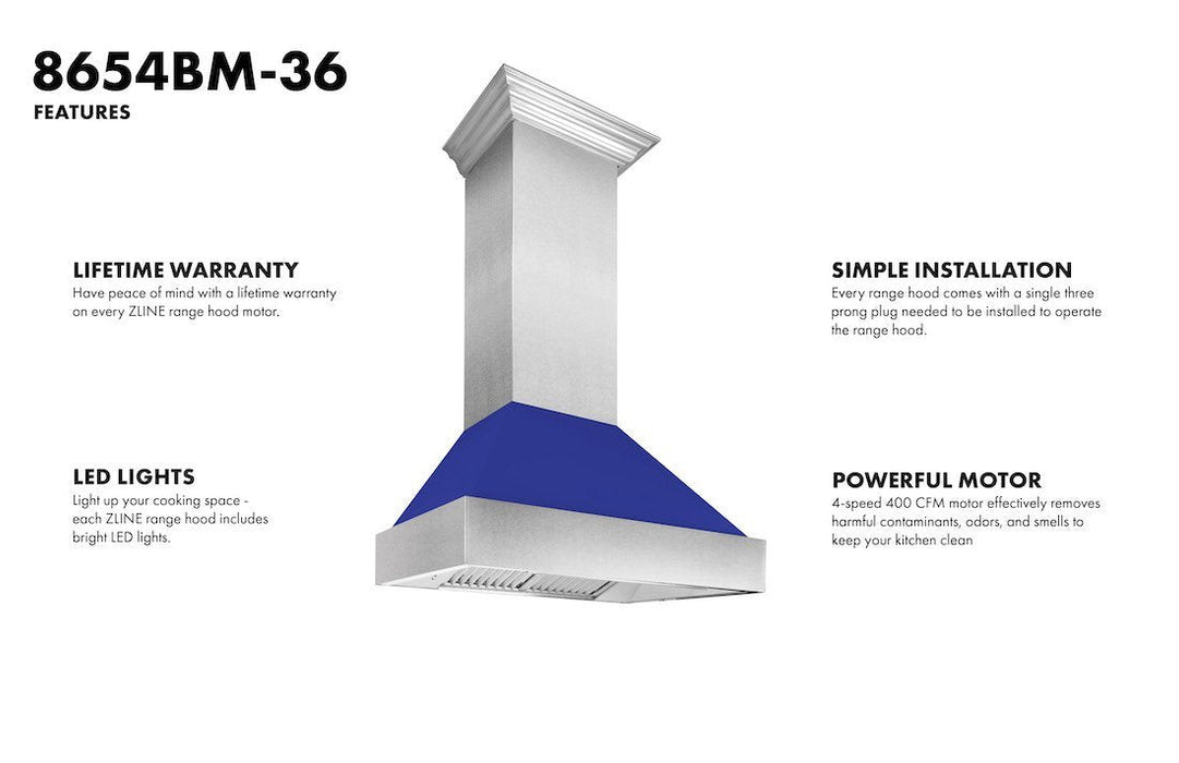 ZLINE DuraSnow Stainless Steel Range Hood with Blue Matte Shell 