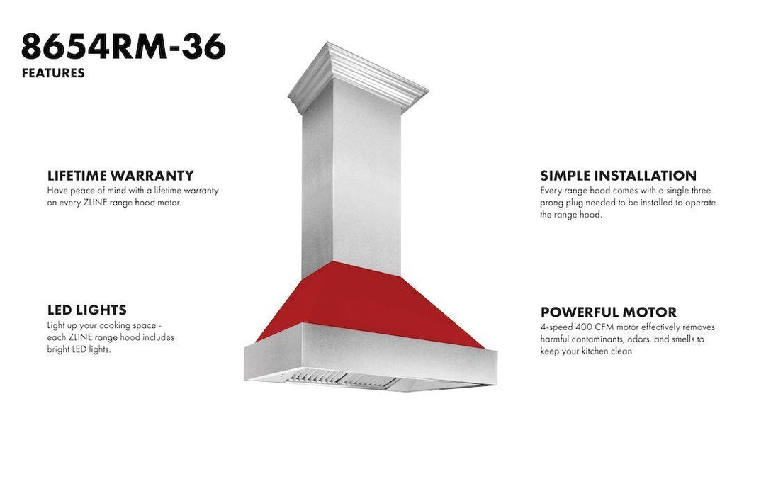 ZLINE DuraSnow Stainless Steel Range Hood with Red Matte Shell 